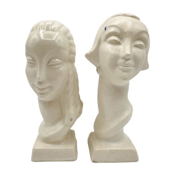 Art Deco Busts Pair Ladies Elegant Ceramic Statuettes Japan Vtg '30s Flaw